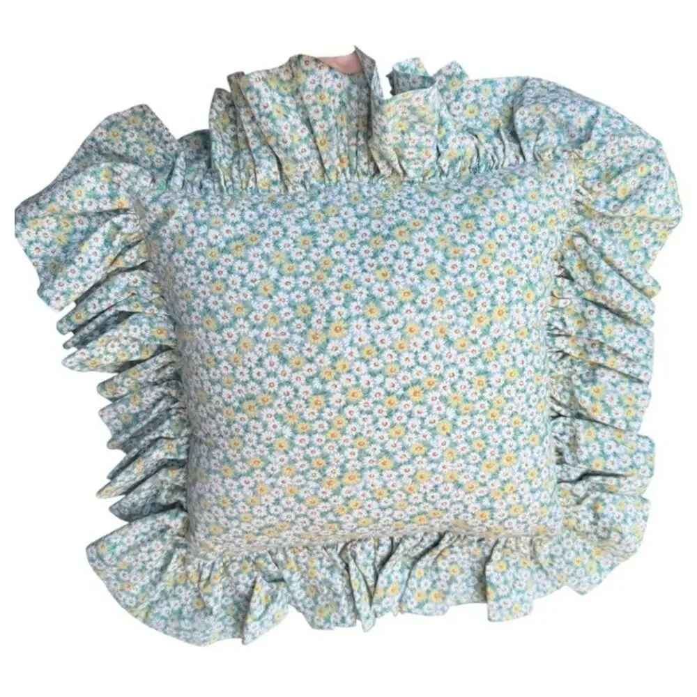 Charming Handmade Needlepoint Flowers Accent Pillows Ruffled Ditsy Floral Trim